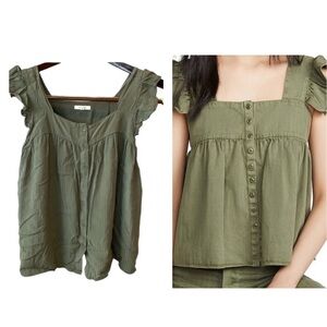 * PLEIONE Ruffle Cap Sleeve Top Size M Olive Green